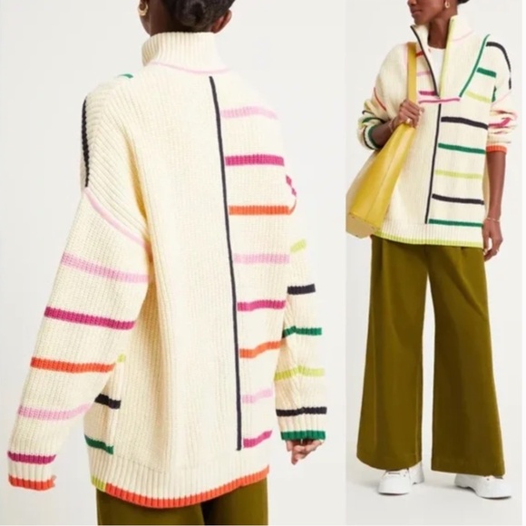 Staud Hampton Striped Chunky Oversized Pullover Quarter Zip Sweater - Picture 1 of 8